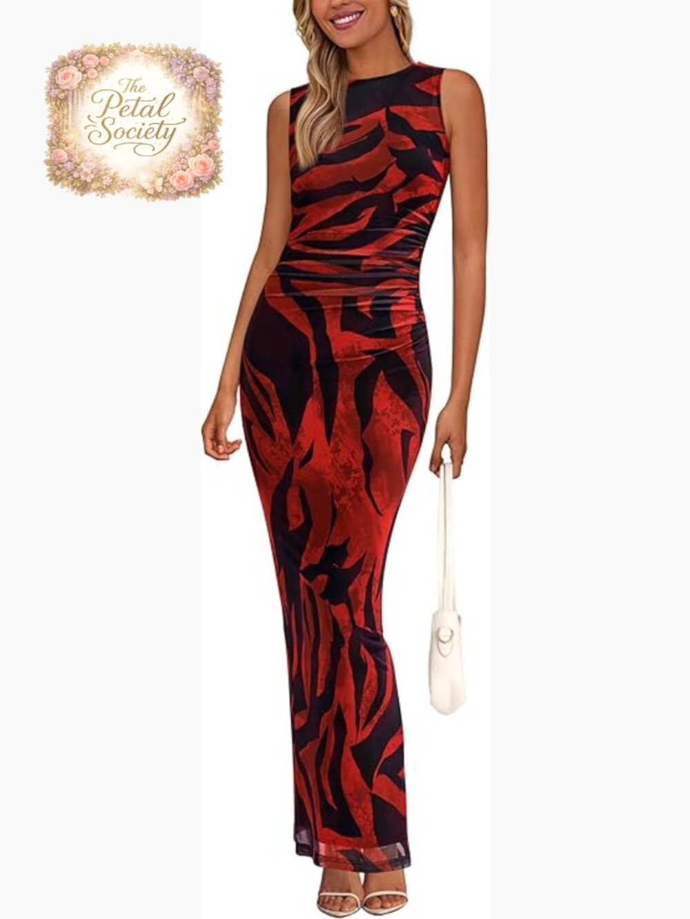 Sleeveless Mesh Bodycon Maxi Dress Ruched Floral Wedding Guest Holiday